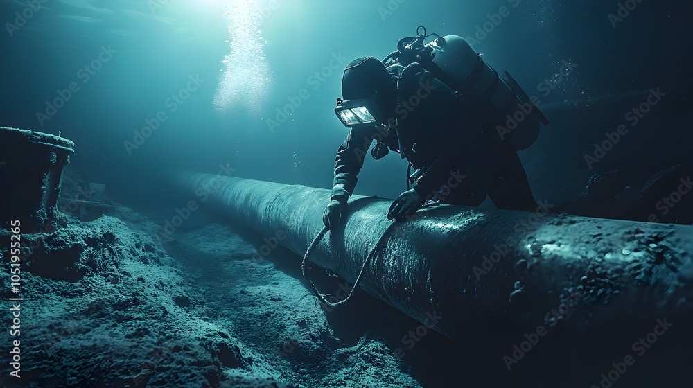 Poster professional diver inspecting and maintaining underwater pipeline infrastructure