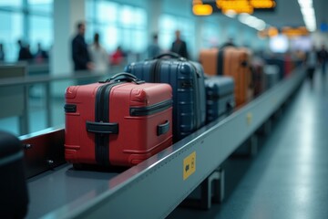 Naklejka premium modern airport baggage claim area on the conveyor belt Background features blurred travelers and luggage
