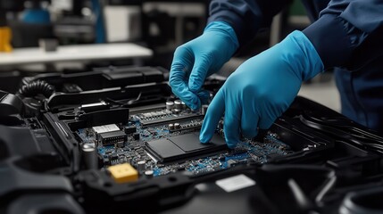 A technician wearing blue gloves assembles components on a circuit board, showcasing electronic repair work in a lab environment.