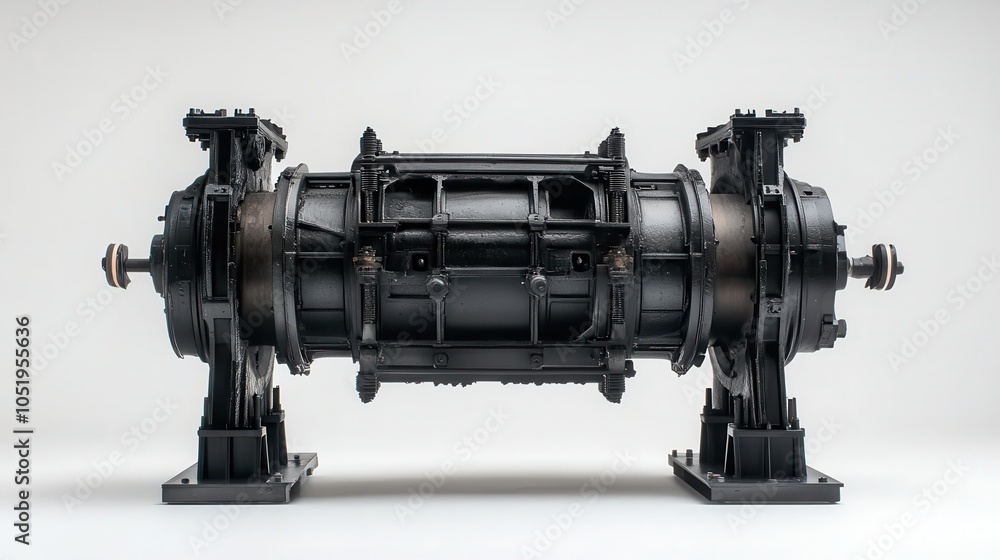 Poster a sleek, black turbine engine displayed on a minimalistic backdrop, showcasing intricate detailing a