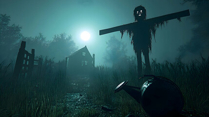 Fototapeta premium A creepy scarecrow stands in a misty field at night, a watering can lies on the ground in the foreground.