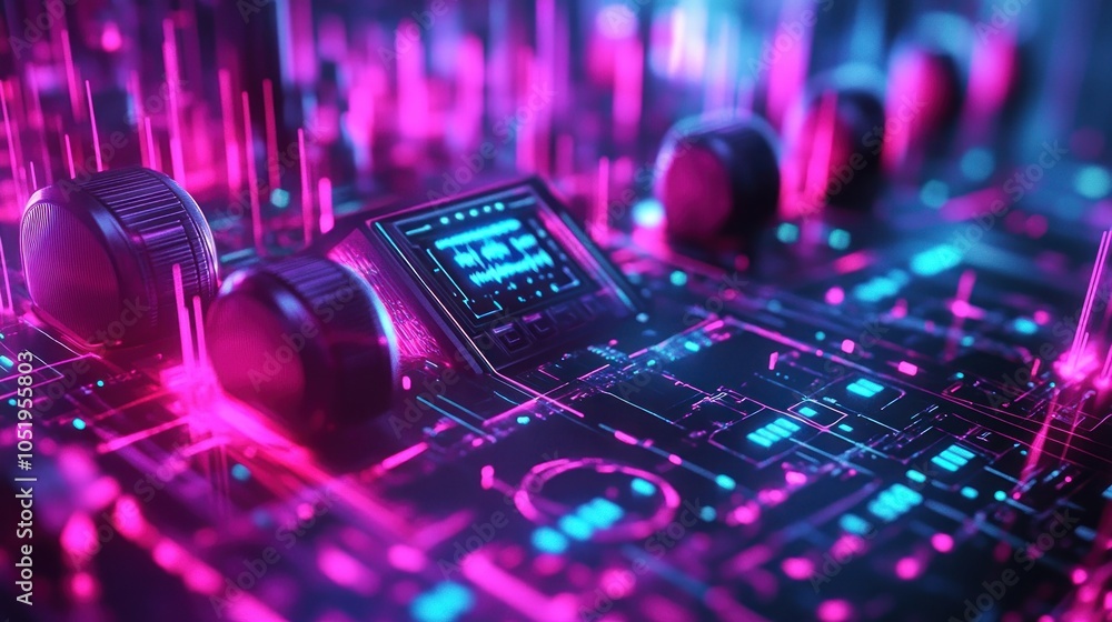 Poster futuristic technology with glowing blue and pink lights, featuring a digital display and knobs, crea