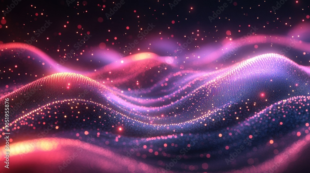 Poster technology background with connected dots on 3d wave landscape. data science, particles, digital wor