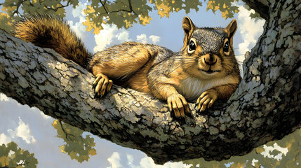 Obraz premium A cute squirrel sits on a tree branch, looking directly at the viewer with a curious expression.