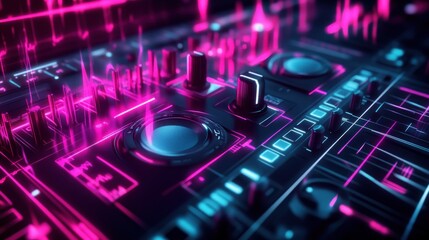 A close-up of a futuristic music mixer with glowing blue and pink lights, showcasing the knobs, buttons, and faders.