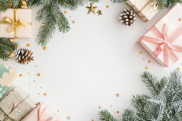 Fototapeta premium A white background with a Christmas tree and presents. The presents are in various sizes and colors, and there are pine cones scattered around the scene. Scene is festive and joyful