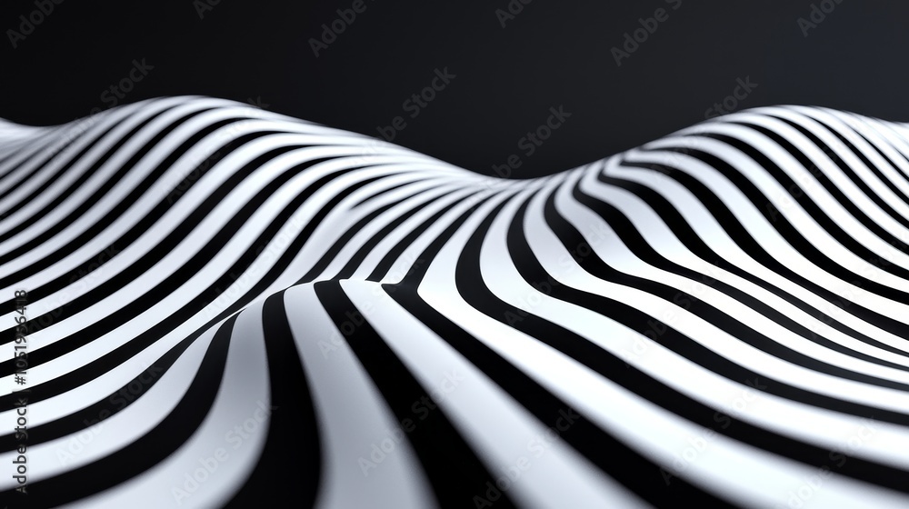 Poster captivating black and white striped waves creating an optical illusion of motion and depth in minima