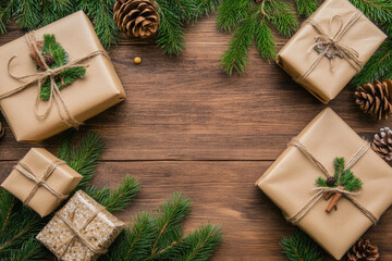 A wooden table with four brown boxes and pine cones on top of it. The boxes are wrapped in brown paper and have ribbons tied around them. The pine cones are scattered around the boxes