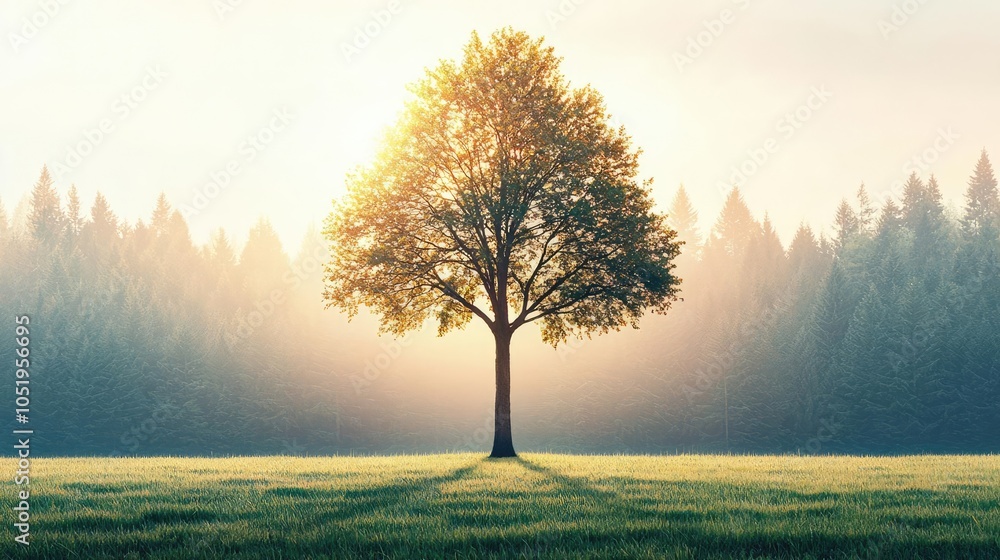 Poster lone tree on grass field with sunlight and soft fog in a serene landscape.