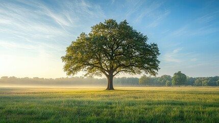 Fototapeta premium Lonely oak tree in open field with blue skies and soft grass beneath.