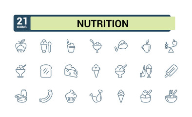 Set of Food and nutrition line icons. Related to trans fat, slim, nutrition, vegetarian, weig, salad, microflora and more. Modern thin icons. Editable stroke.