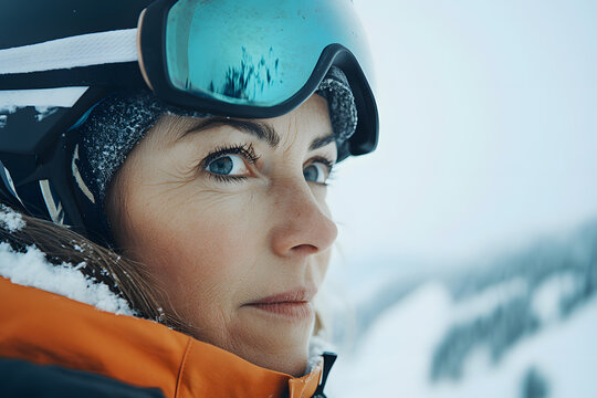 Portrait of Mature woman wearing helmet and ski clothes in the snowy mountains