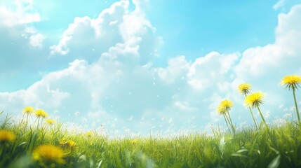 Beautiful meadow field with fresh grass and yellow dandelion flowers in nature against a blurry blue sky with clouds. Summer spring perfect natural landscape 
