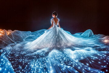 Femme avec une robe de mariée blanche futuriste illuminée