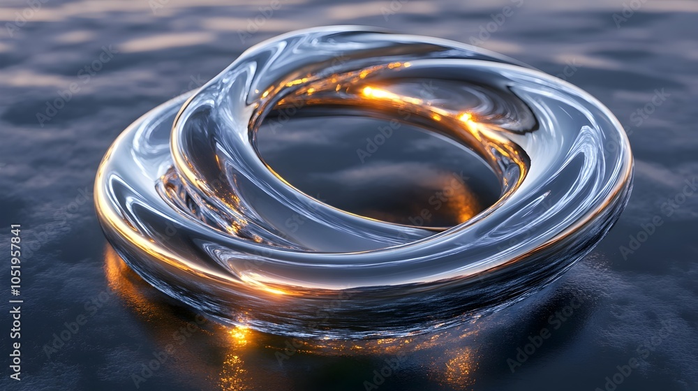 Poster smooth metallic 3d spiral twisting into infinity with glowing edges and reflective surface