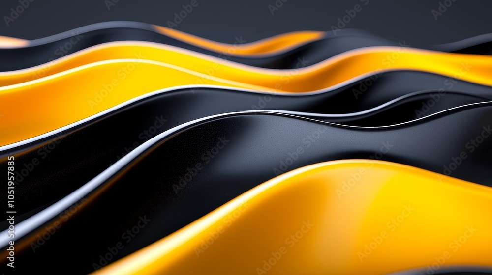 Poster dynamic flow of black and yellow waves creating a modern textured aesthetic in graphic design and ar