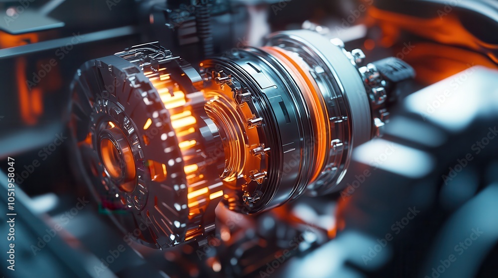 Poster a detailed close-up of a modern robotic engine showcasing intricate mechanics and glowing elements, 