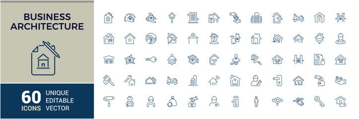 Architectural icon collection. Includes icons for development, architect, interior, construction, builder, interior, develop, sketch. Perfect for logos and infographics. Editable stroke.