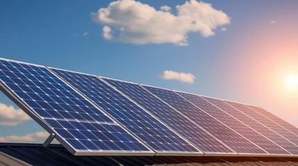 Solar panels on a roof under a clear blue sky with sunlight. Renewable energy concept.