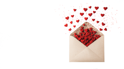 Love letter with scattered red hearts on transparent background