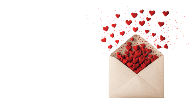 Love letter with scattered red hearts on transparent background