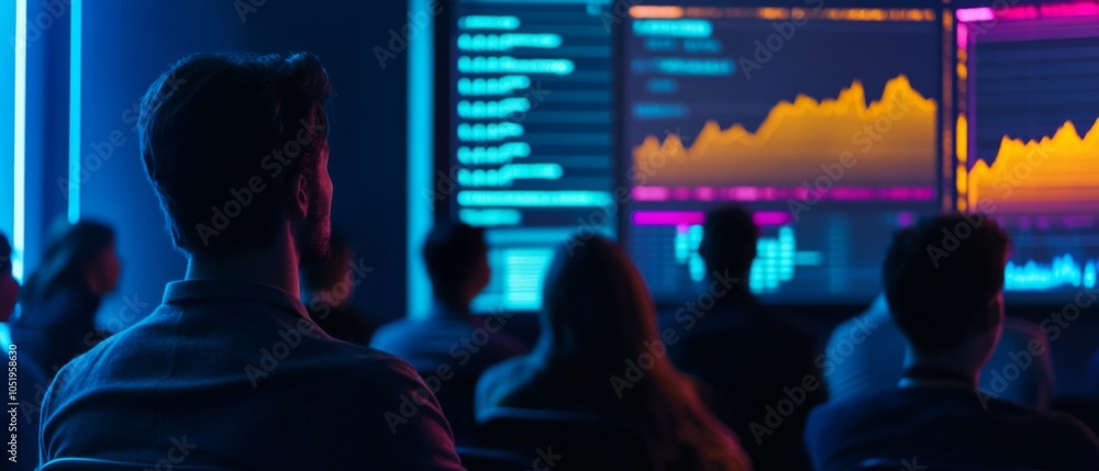 Poster team of analysts viewing data visualization on screens in a darkened office, analyzing market trends