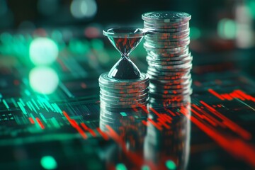 Time and Investment: Hourglass Overlapping Stacked Coins with Financial Charts in Background, Symbolizing Wealth Growth and Market Timing Strategies.