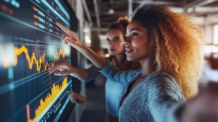 Two diverse businesswomen analyzing financial data on a digital screen, discussing market trends and strategies in a modern office environment.