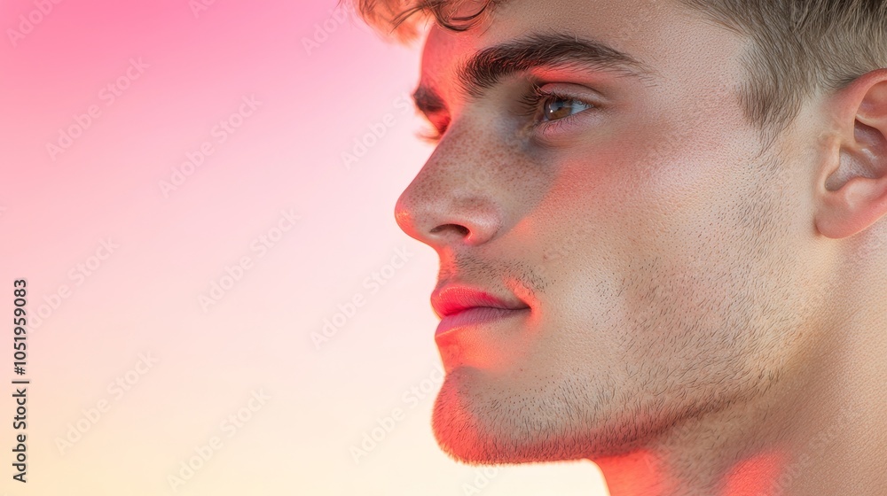 Poster captivating profile of a young man with subtle expressions and soft lighting enhancing his features 