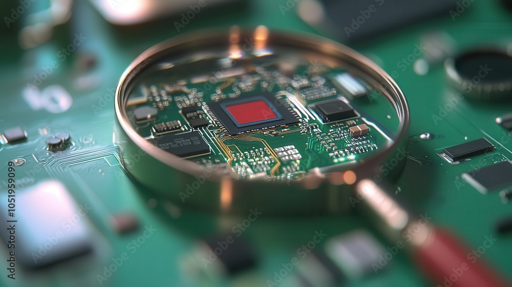 Poster a close-up image of a circuit board magnified by a lens, highlighting intricate components and conne