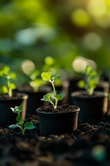 Vibrant Seedlings in Black Pots Growing in Rich Soil, Bathed in Soft Natural Light, Symbolizing New Beginnings and Sustainable Gardening Practices.