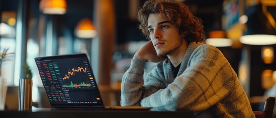 Obraz premium Young man in cozy cafÃ©, intently analyzing financial charts on laptop, surrounded by warm lighting, showcasing modern remote work lifestyle and focus.