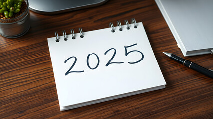 Notepad with text 2025 on office desk. Notebook with message 2025 and copyspace.	
