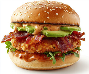 A delicious, layered chicken burger featuring crispy bacon, fresh vegetables, and savory sauce, all enclosed in a sesame seed bun.