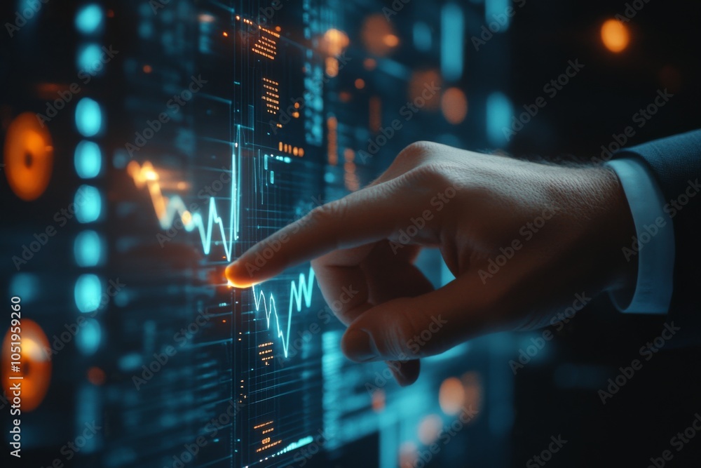 Poster business analyst interacting with advanced data visualization dashboard for financial insights, high