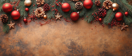 A Christmas tree with red and gold ornaments and pine cones. The tree is surrounded by a brown background