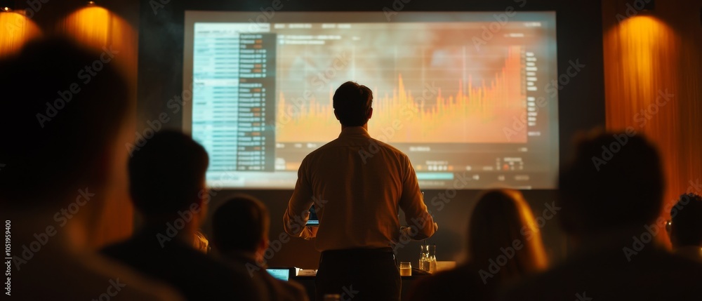 Poster business presentation: speaker engaging audience with data visualizations on large screen in dimly l