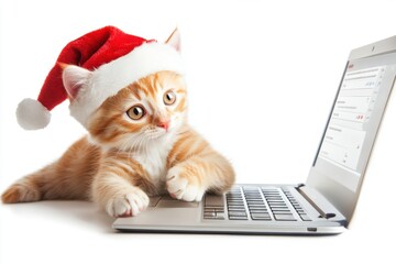 A playful yellow cat in a santa hat engages with a laptop for festive fun and holiday cheer, Generative Ai,shopping online
