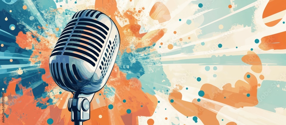 Poster microphone with colorful abstract background, vibrant splashes and patterns