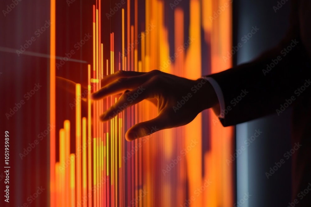 Poster business professional interacting with digital financial data visualization, showcasing trends and a