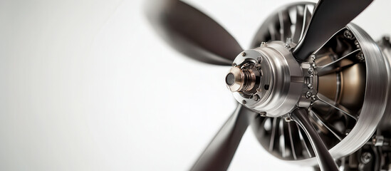 A close-up view of an aircraft propeller, showcasing intricate details and a sleek metallic finish, emphasizing engineering precision.