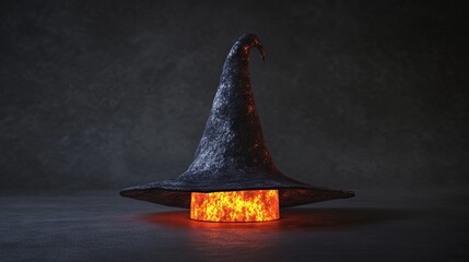 3D Render of a Witch's Hat with Orange Light on Dark Background. AI generated illustration
