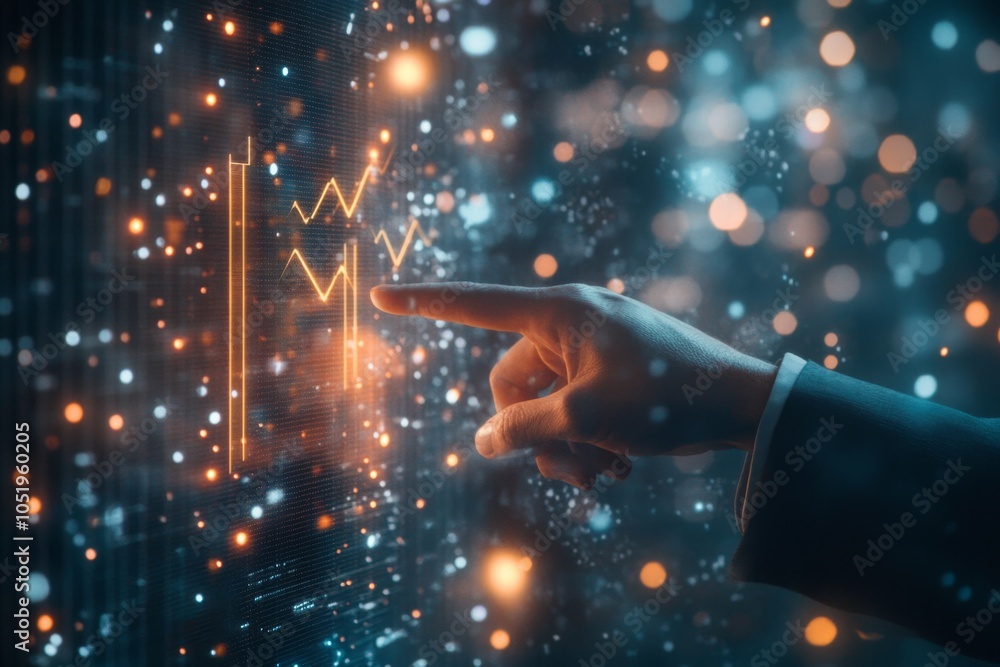 Poster businessman analyzing digital financial data with touchscreen interface, visualization of stock mark