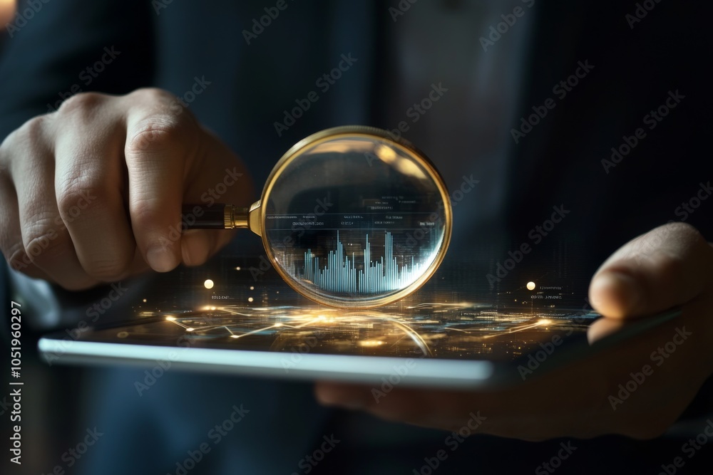 Poster businessman analyzing financial data on tablet through magnifying glass, highlighting graphs and cha