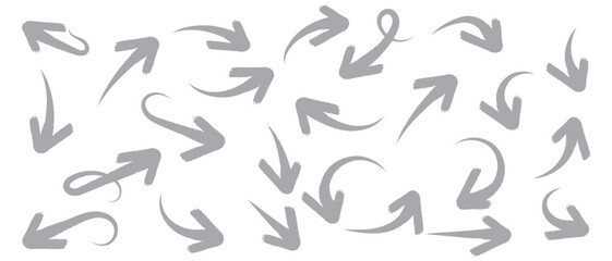 Various bold brush drawn curved arrows. Collection doodle marker thick arrows in different directions. Hand drawn vector direction pointers. Curved and wavy brush strokes with scratches