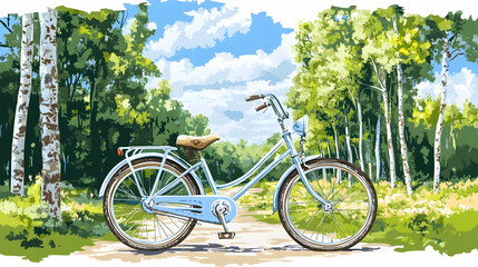Fototapeta premium A light blue bicycle parked in a sunny birch forest.
