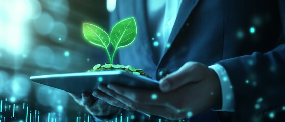 Businessman holding tablet with digital plant growth, symbolizing innovation, sustainability, and the fusion of technology with environmental care.