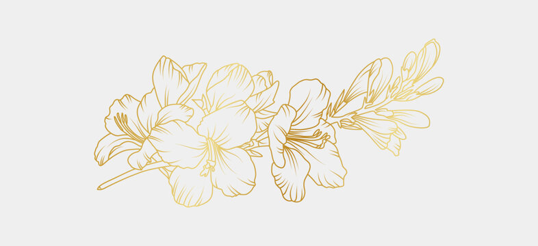 Golden freesia flowers line art isolated on white background. Luxury magnolia floral design elements for invitation, wedding, wallpaper, print template, vector illustration