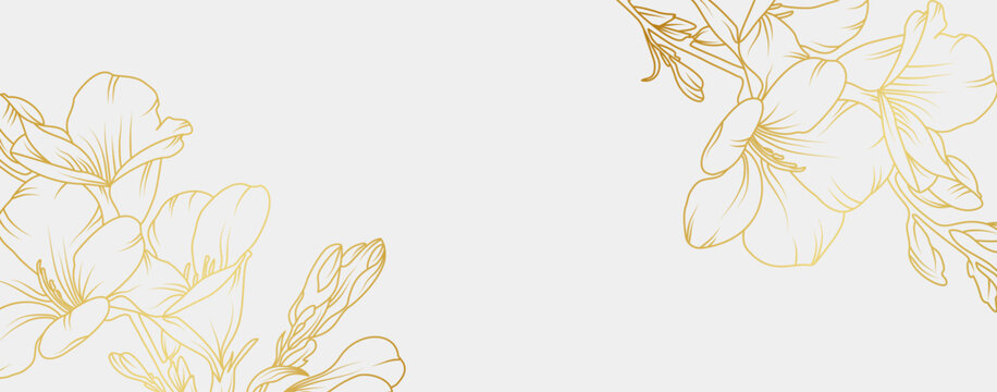 Luxury gold freesia flowers background. Floral pattern tropical in line art style for greeting, invitation, wedding card, wall art, wallpaper and print. Vector illustration