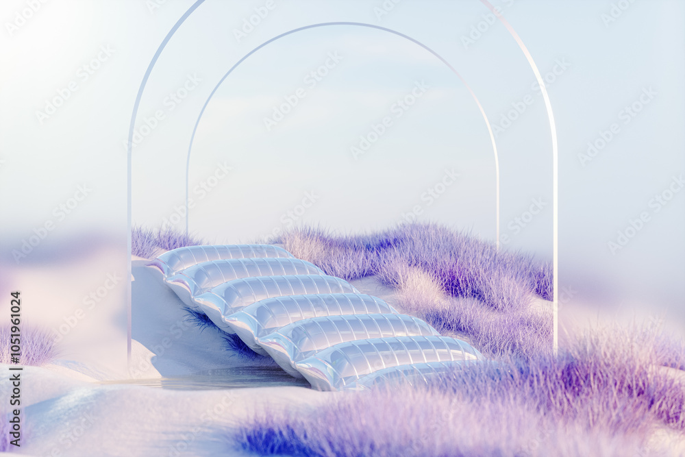 Poster abstract winter landscape scene with a podium for product display. 3d rendering
